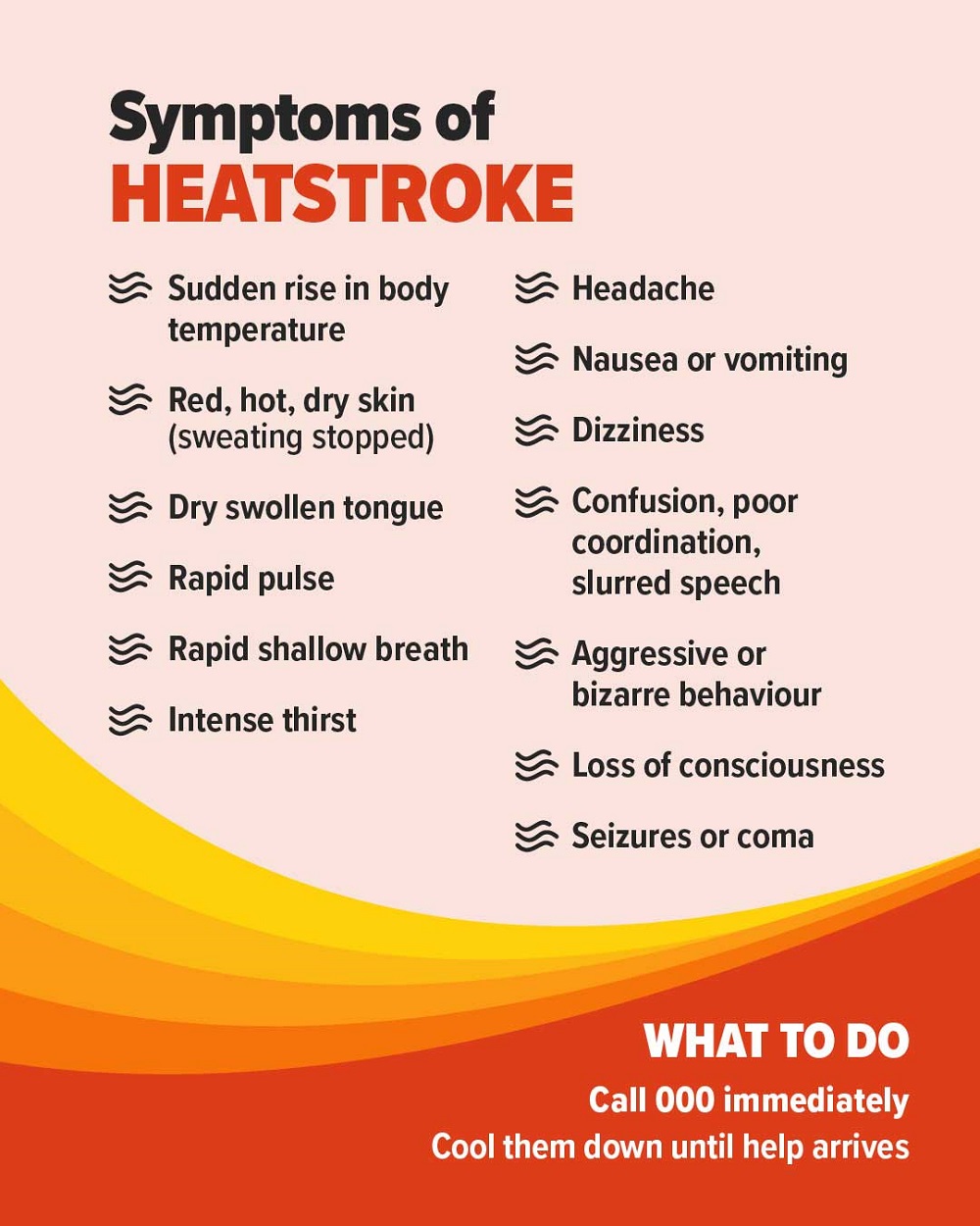 Know the signs of heat stroke. Headaches, Nausea and vomiting, Rapid pulse, Extremely thirsty, Dry, swollen tongue, Disoriented, dizzy or delirious, slurred speech