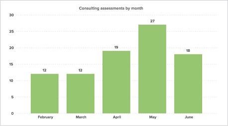 Bar graph displaying the number of consulting assessments undertaken by a consulting practitioner from February to June 2023.